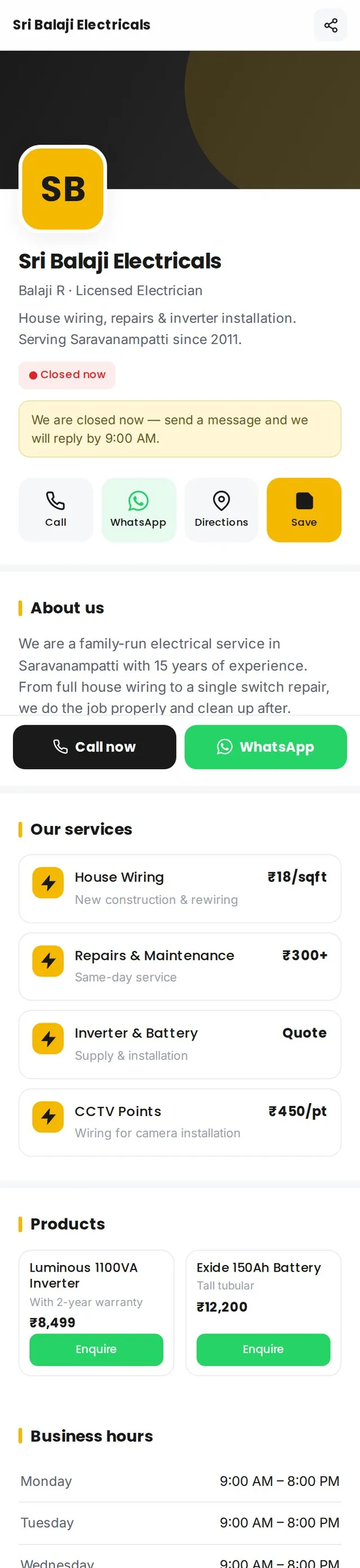 Live electrician digital visiting card website preview